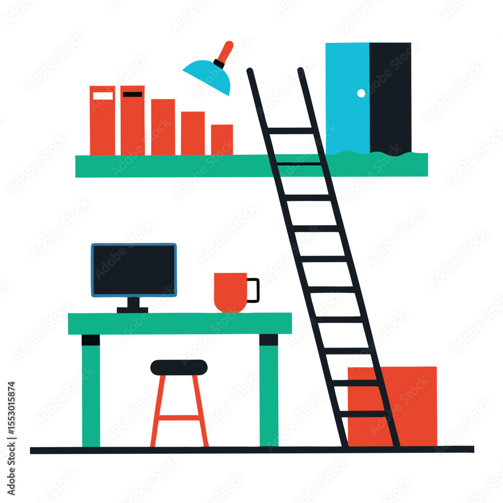 Poster modern home office setup with bookshelf ladder and computer