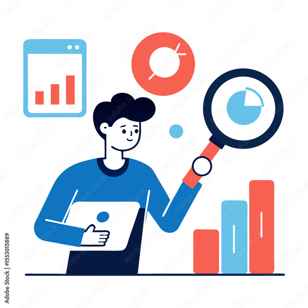 Poster man analyzing data with magnifying glass and charts