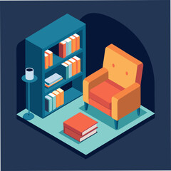 Cozy reading nook with bookshelf and armchair in isometric style
