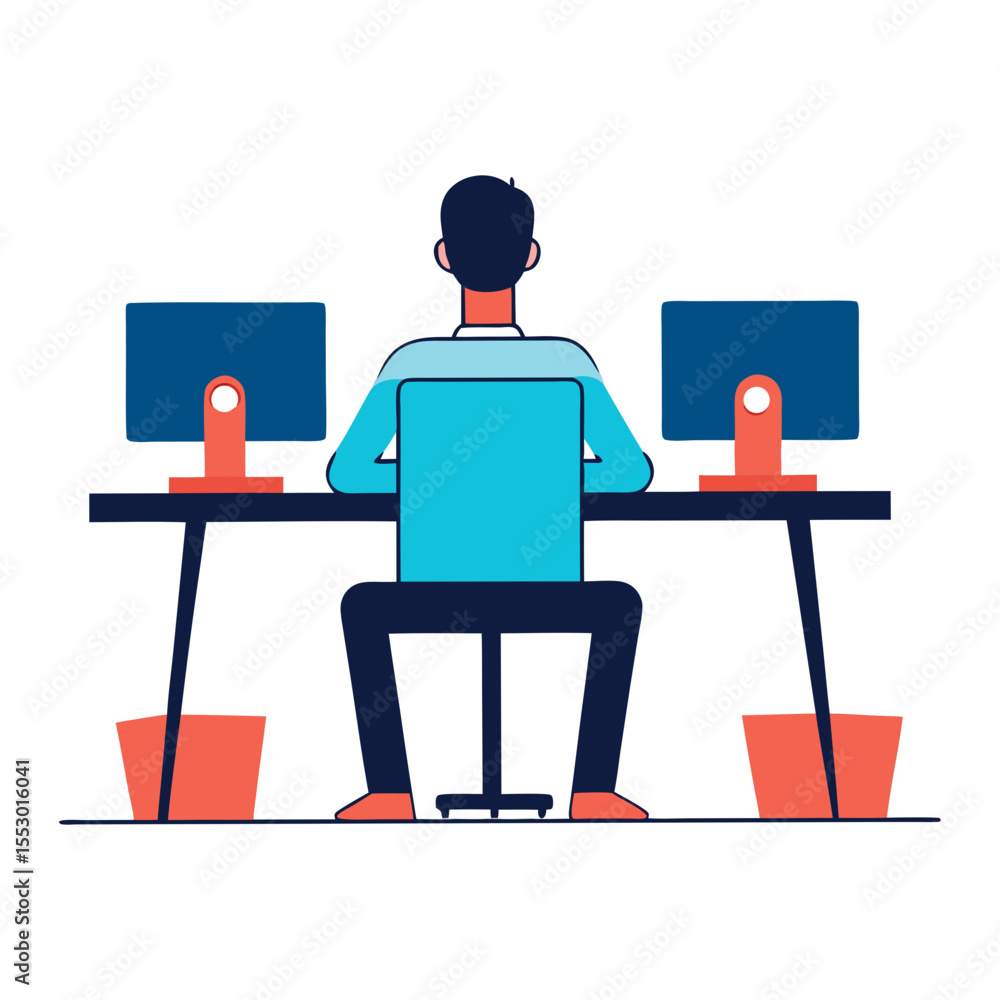 Poster person working at a desk with two computer monitors and trash cans