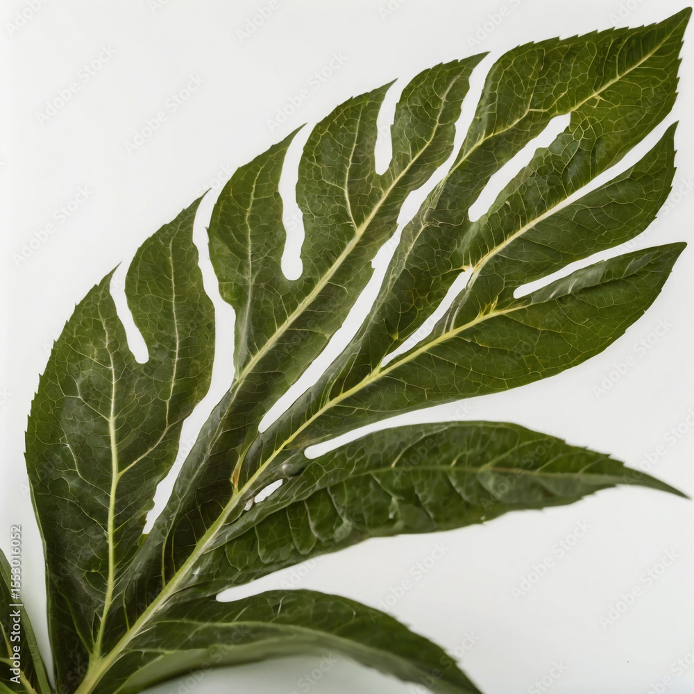 Poster isolated green leaf with unique texture on white background