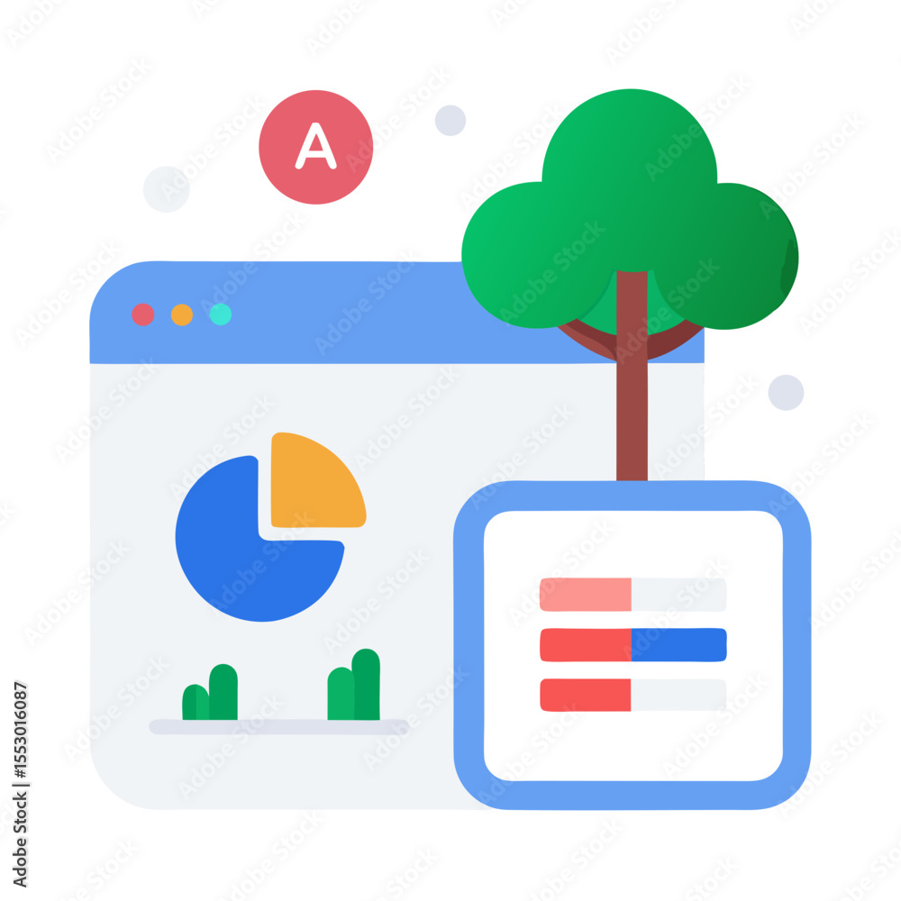 Poster flat design illustration of a tree growing from a digital analytics dashboard
