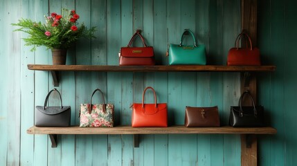 An appealing display featuring a variety of stylish handbags arranged on a rustic wooden shelf against a vibrant turquoise backdrop, perfect for fashion enthusiasts.