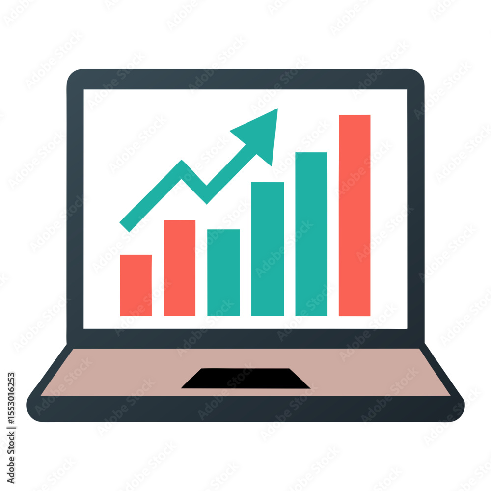Poster laptop displaying a rising bar graph with an upward trending arrow