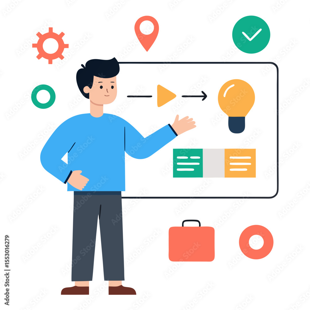 Poster man presenting a business plan with flowchart and idea bulb