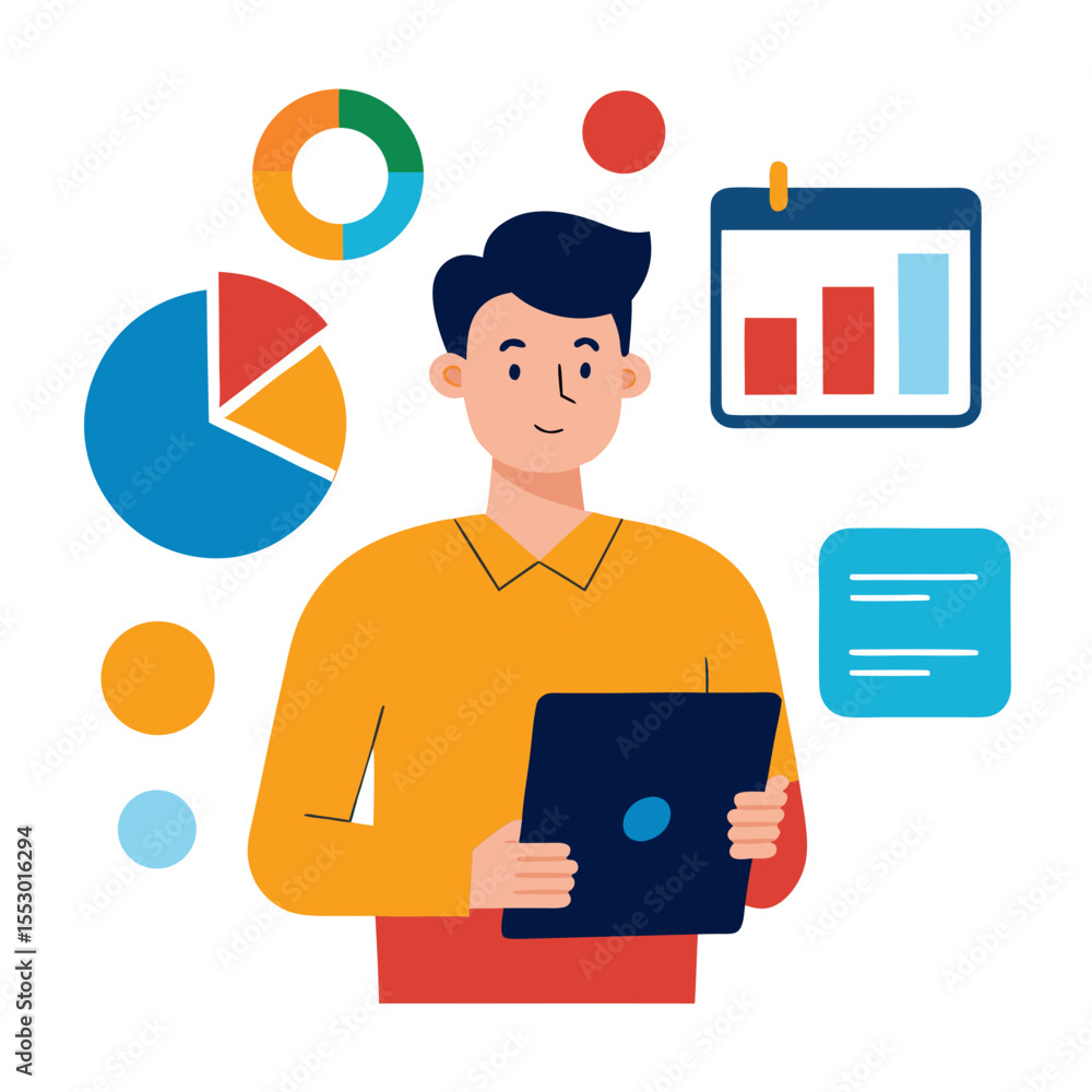 Poster man analyzing data with charts and a laptop for business insights