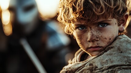 A determined young boy stands resiliently amidst a gritty battlefield, showcasing strength and survival in a challenging environment filled with raw human emotion and stark reality.