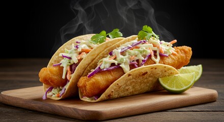 Steaming Hot Fish Tacos with Creamy Coleslaw and Lime