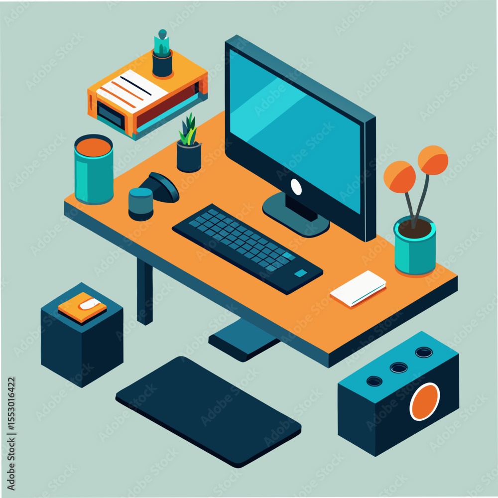 Poster modern isometric workspace setup with computer and desk accessories