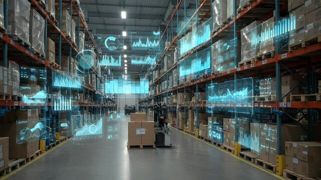 Warehouse with digital overlays showing inventory and data visualizations - Powered by Adobe