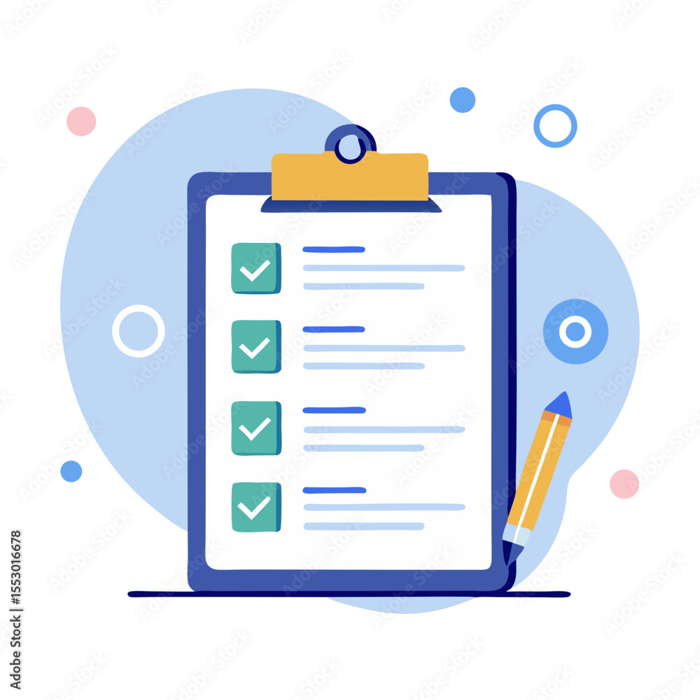 Aufkleber checklist document concept quiz question answering online survey form completion corporate modern fl