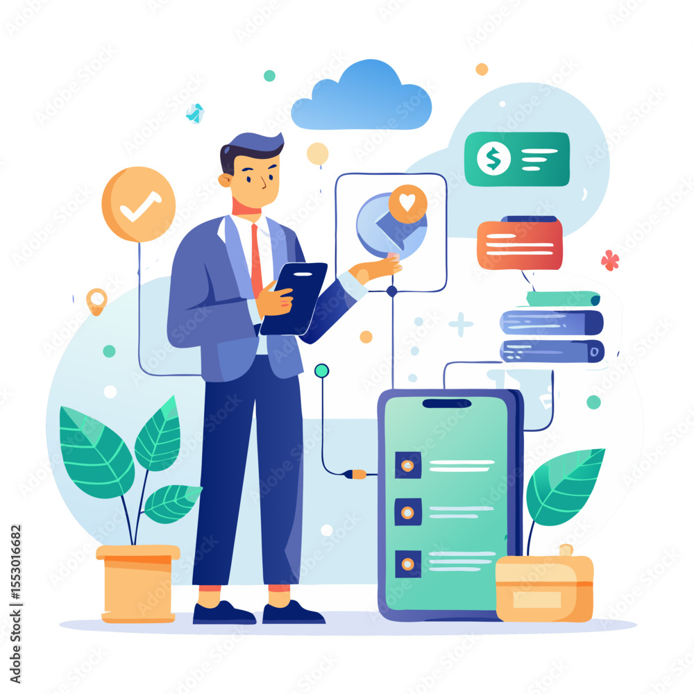 Aufkleber Backup concept Online digital data storage and connection service Businessman using smartphone with backup status bar for data backup management modern flat design simple vector illustration isolated