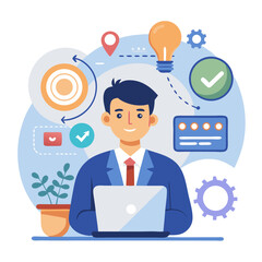 Project development concept The process of planning organizing and executing projects to achieve their goals Businessman using laptop with project development icon on virtual screen modern flat