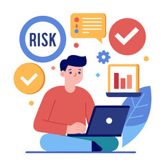 Risk management concept Risk assessment Person using laptop to business and personal planning for risk mitigation with information and decision modern flat design simple vector illustration isolated