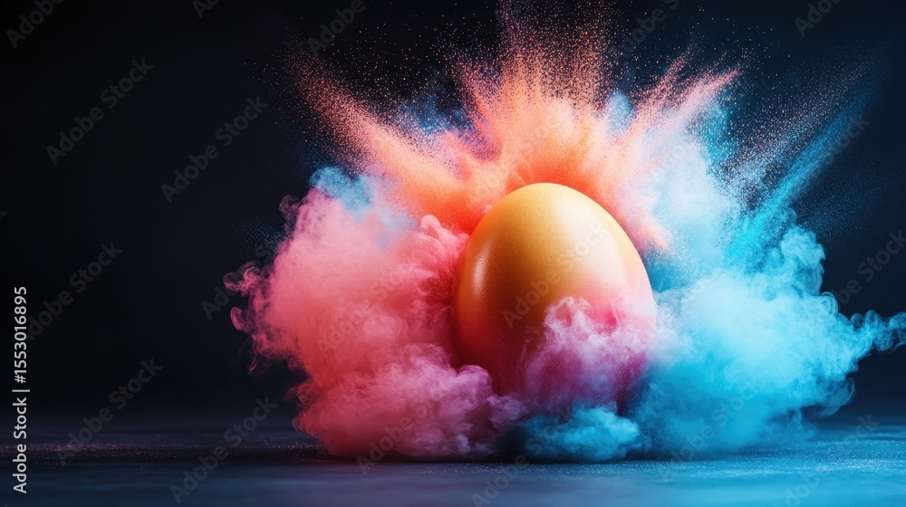 Poster a surreal burst of colorful cloud surrounds a golden egg, creating a vivid and dynamic visual repres