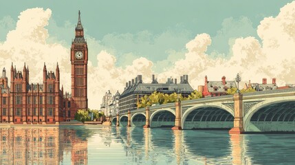 Fototapeta premium Depiction of the Palace of Westminster, Elizabeth Tower, and Westminster Bridge in an illustrated style. 