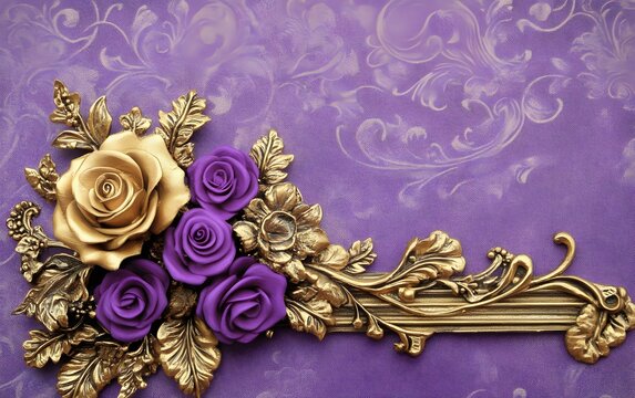 Fototapeta Elegant Gold Purple Roses Floral Design Ornament