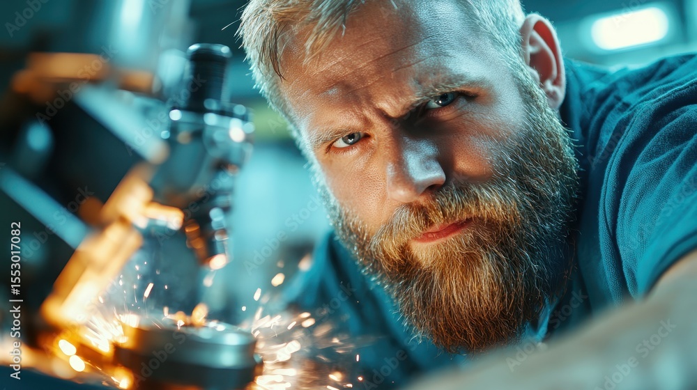 Poster an intense close-up of a craftsman deeply engrossed in his metalworking, capturing the dedication an