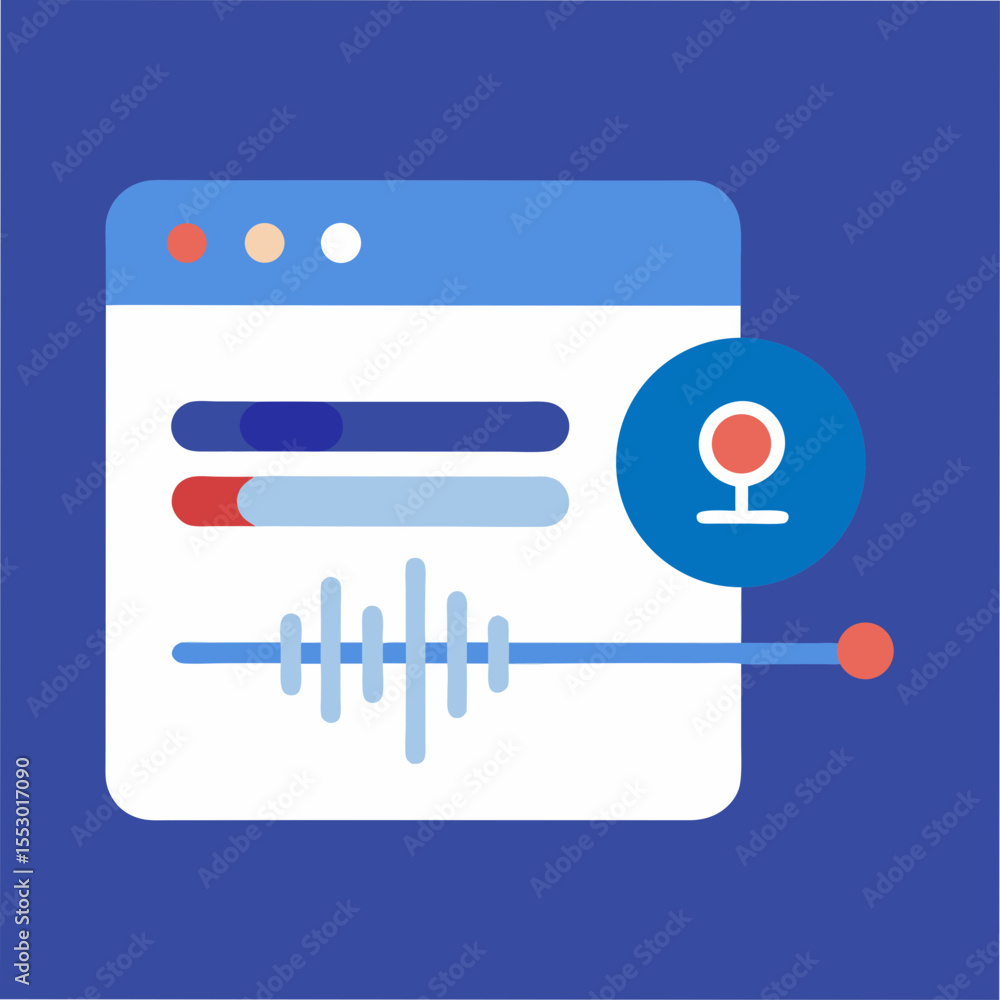 Poster digital interface displaying audio waveform and progress bars with a play button