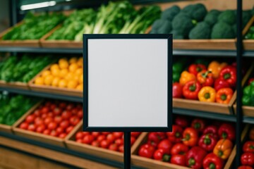 Blank Sign Frames Fresh Produce Display, providing vibrant grocery branding space amidst colorful peppers, tomatoes, and greens, perfect for advertising weekly specials.