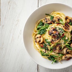 A Delicious Spaghetti Dish with Mushrooms and Spinach in a Bowl