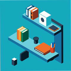 Isometric illustration of a desk with books and office supplies on shelves
