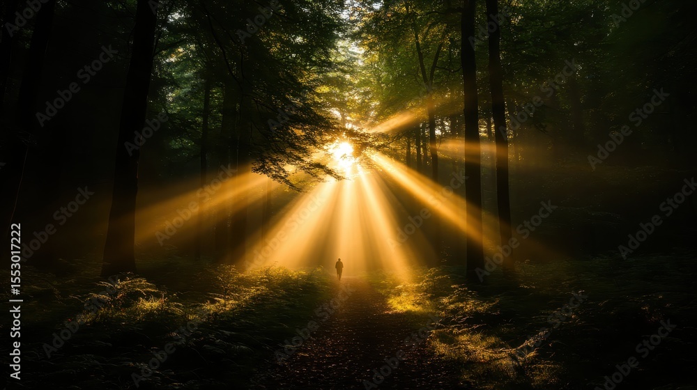 Aufkleber this enchanting forest scene captures golden rays of sunlight filtering through lush trees, creating