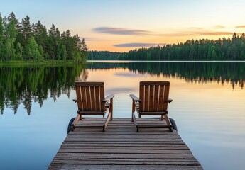 Two wooden chairs on a dock overlooking a serene lake at sunset