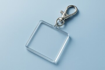 Clear Acrylic Keychain presents simple elegance on a serene blue background, offering potential for personalization, branding, or stylish accessory design.