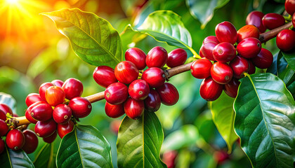 Obraz premium Vibrant coffee cherries grow on lush branch, surrounded by glossy green leaves, illuminated by warm sunlight, creating rich and inviting scene
