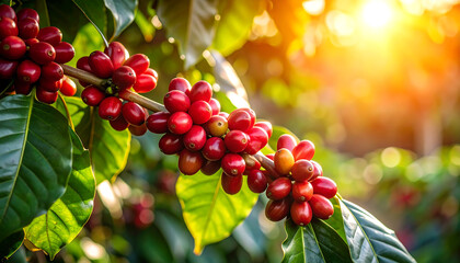 Vibrant coffee cherries grow on branch surrounded by lush green leaves, illuminated by warm sunlight, creating serene and inviting atmosphere