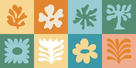 Vector shapes in simple floral wavy and groovy naive style, ocean and vacation theme, flowers and plants, floral botanic hand drawn design templates, modern art prints, surface design
