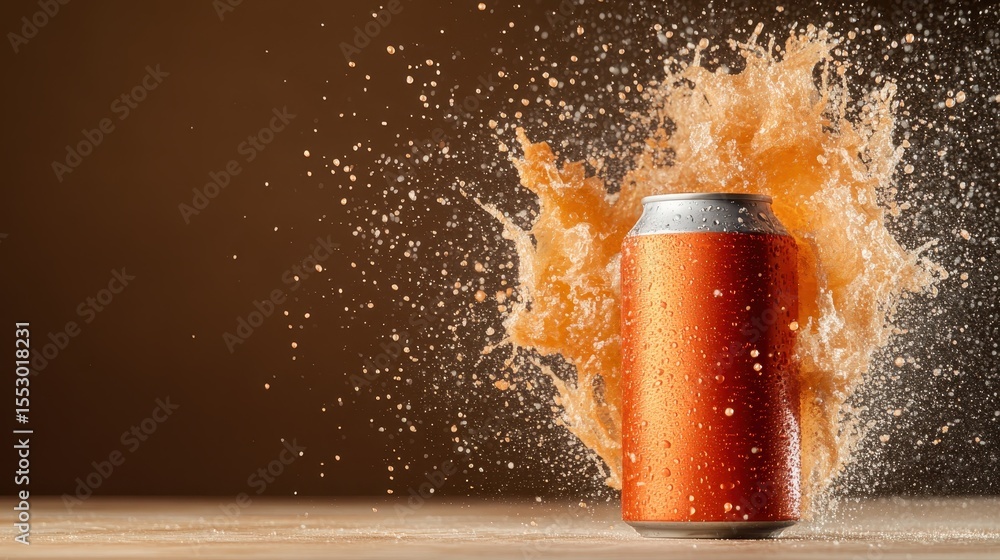 Poster an orange soda can erupts with splashes of liquid, presenting a dynamic and refreshing visual that c