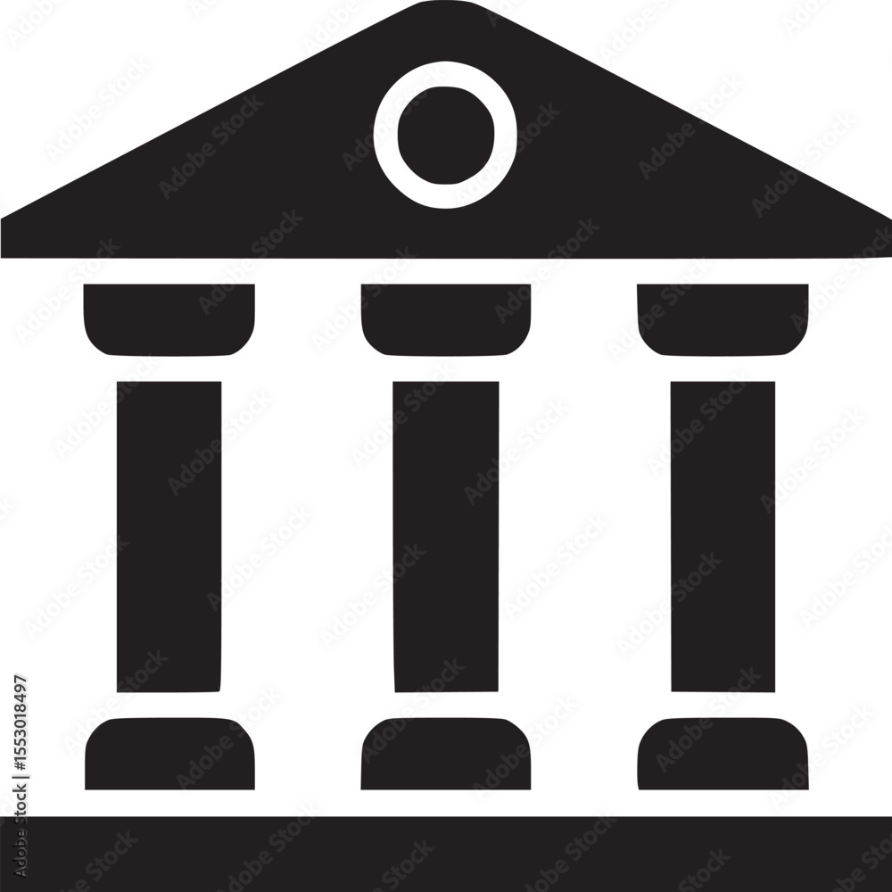 Poster illustration of a classical building facade with three columns and a triangular roof design element