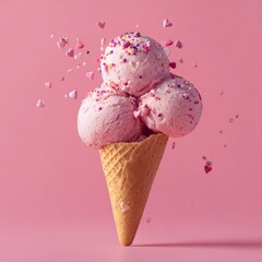 A delightful strawberry ice cream cone, a sweet treat with colorful sprinkles, against a pretty pink backdrop. The ice cream balls look perfectly shaped