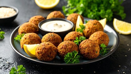 Baked Falafel with Tahini Sauce. Vegetarian Meal Close Up