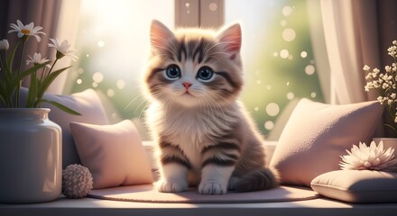 Adorable Kitten by Window in Soft Sunlight Cute Pet Wallpaper