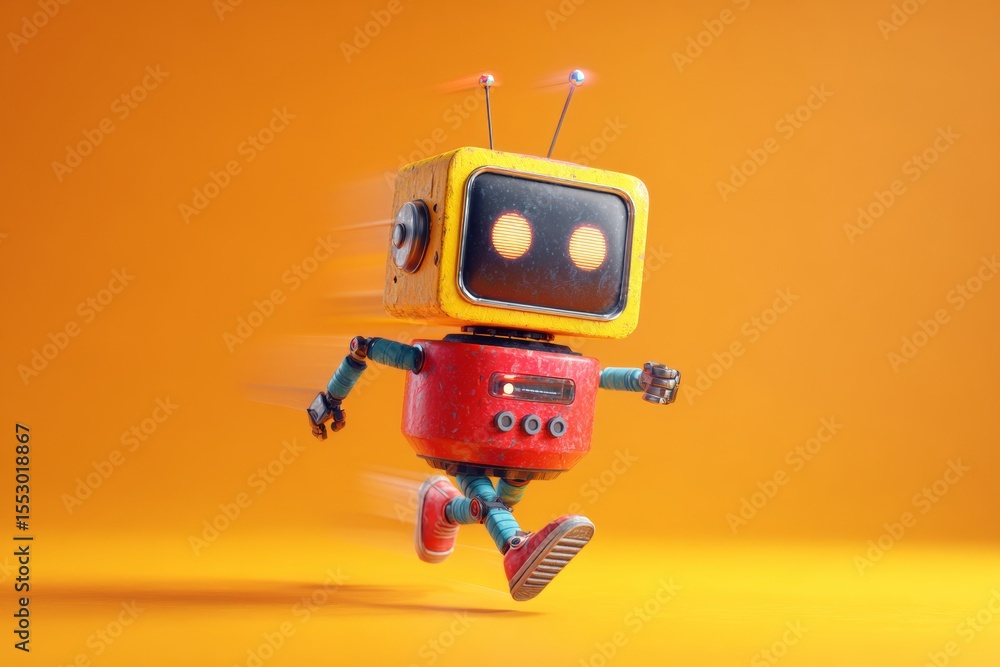 Poster a robot character with a quirky design is captured in action as it runs energetically. the bright, c