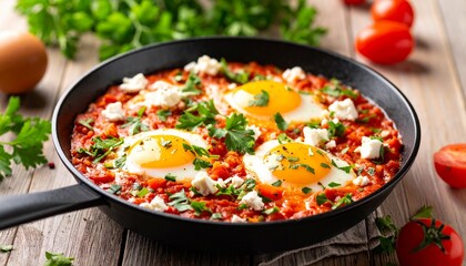 Fototapeta premium Vegetarian Shakshuka with Feta. Vegetarian Meal Close Up