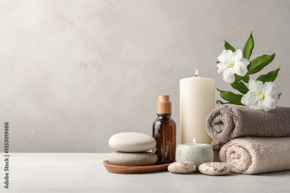 Poster spa and beauty product presentation scene with a white blank space on table for product displaying, 