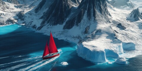 yacht with red sails near a glacier in the sea