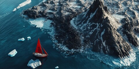 yacht with red sails near a glacier in the sea