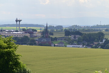 Aerial drone view of the rural landscape around Koberice, Czech Republic. Expansive fields,...
