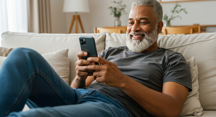 Smiling happy senior mature middle aged man holding cell mobile phone using smartphone sitting at home on couch, scrolling social media, checking financial apps, buying online, texting messages.