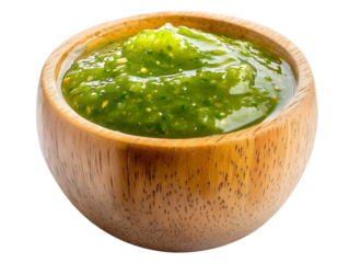 thick green chutney in wooden bowl isolated on transparent