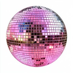 A shiny pink disco ball made up of small mirrored squares reflecting light on a white background.