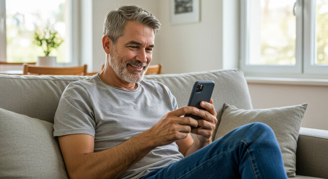 Smiling happy senior mature middle aged man holding cell mobile phone using smartphone sitting at home on couch, scrolling social media, checking financial apps, buying online, texting messages.