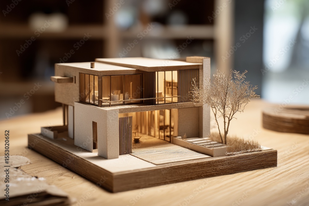 Poster a 3d printed architectural model displays a modern house featuring sleek lines and large windows. th