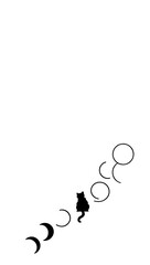 Minimalist black silhouette of a cat sitting amongst crescent moons and abstract circular shapes on a white background