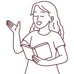 Young woman stands with open book in hand, smiling and gesturing with raised palm. Represents peaceful reading, focus, joy of literature, and love for learning
